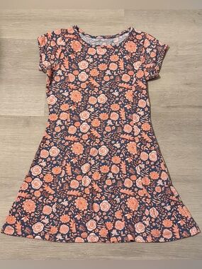 Girls' Navy Floral Short-Sleeve Swing Dress - Pink Coral Print